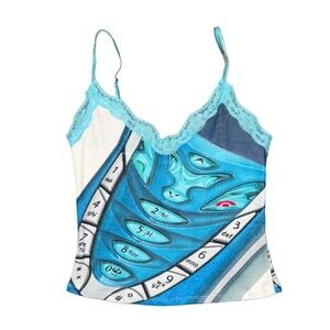 Blue Nokia Phone Cyber Core Graphic Print Pointelle Camisole Top